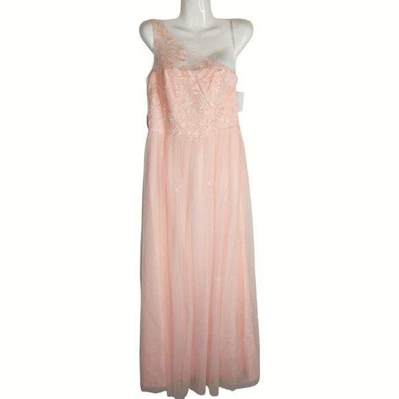 David’s Bridal Floral Laced One-Shoulder Maxi Dress Petal Pink Size 8 NWT - Picture 3 of 11